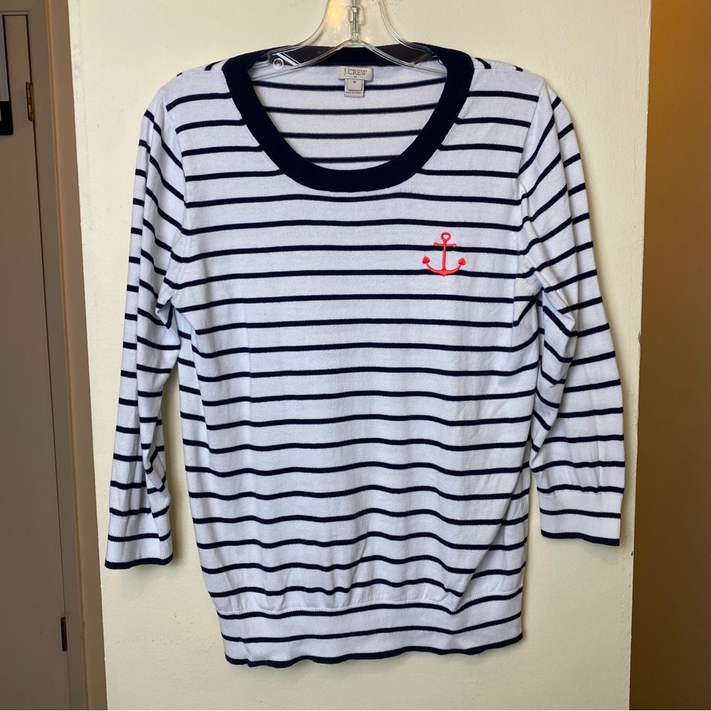 J Crew Anchor Striped Three-Quarter-Sleeve White Sweater Women’s Size Medium